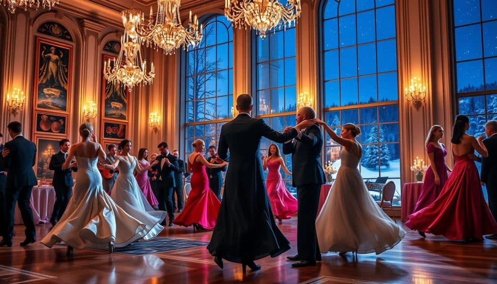 A lively, elegant scene of a Viennese New Year's Eve waltz. In the grand ballroom, couples sway gracefully in flowing evening gowns and tuxedos, illuminated by the soft glow of crystal chandeliers. The orchestra plays the beloved Strauss Donauwalzer, its stirring melody echoing through the opulent space. Through the tall windows, a snowy Vienna landscape glimmers under the starry night sky. Guests twirl and dip in perfect time, their movements fluid and effortless, capturing the spirit of tradition and celebration that defines this festive occasion. A lively, elegant scene of a Viennese New Year's Eve waltz. In the grand ballroom, couples sway gracefully in flowing evening gowns and tuxedos, illuminated by the soft glow of crystal chandeliers. The orchestra plays the beloved Strauss Donauwalzer, its stirring melody echoing through the opulent space. Through the tall windows, a snowy Vienna landscape glimmers under the starry night sky. Guests twirl and dip in perfect time, their movements fluid and effortless, capturing the spirit of tradition and celebration that defines this festive occasion.